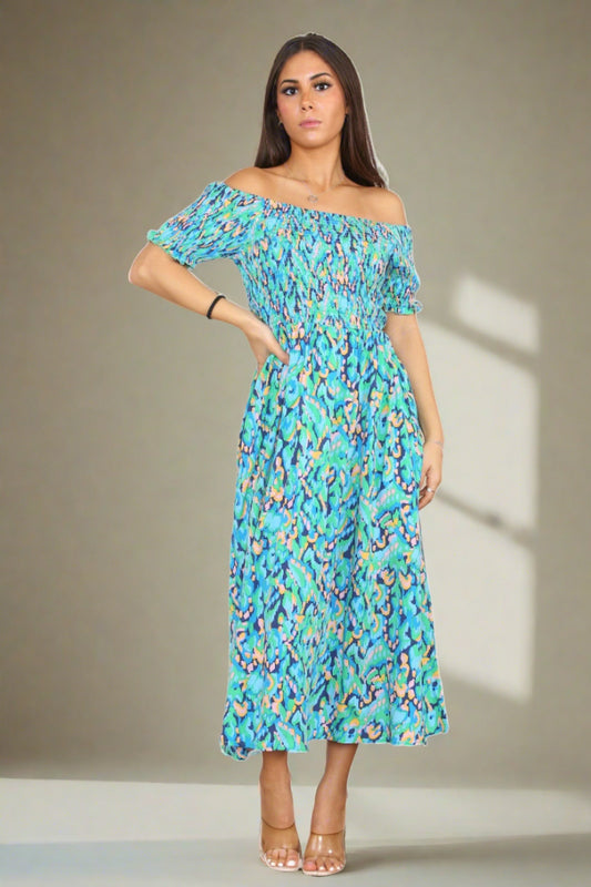 Shirred Midi Dress in Turquoise Floral