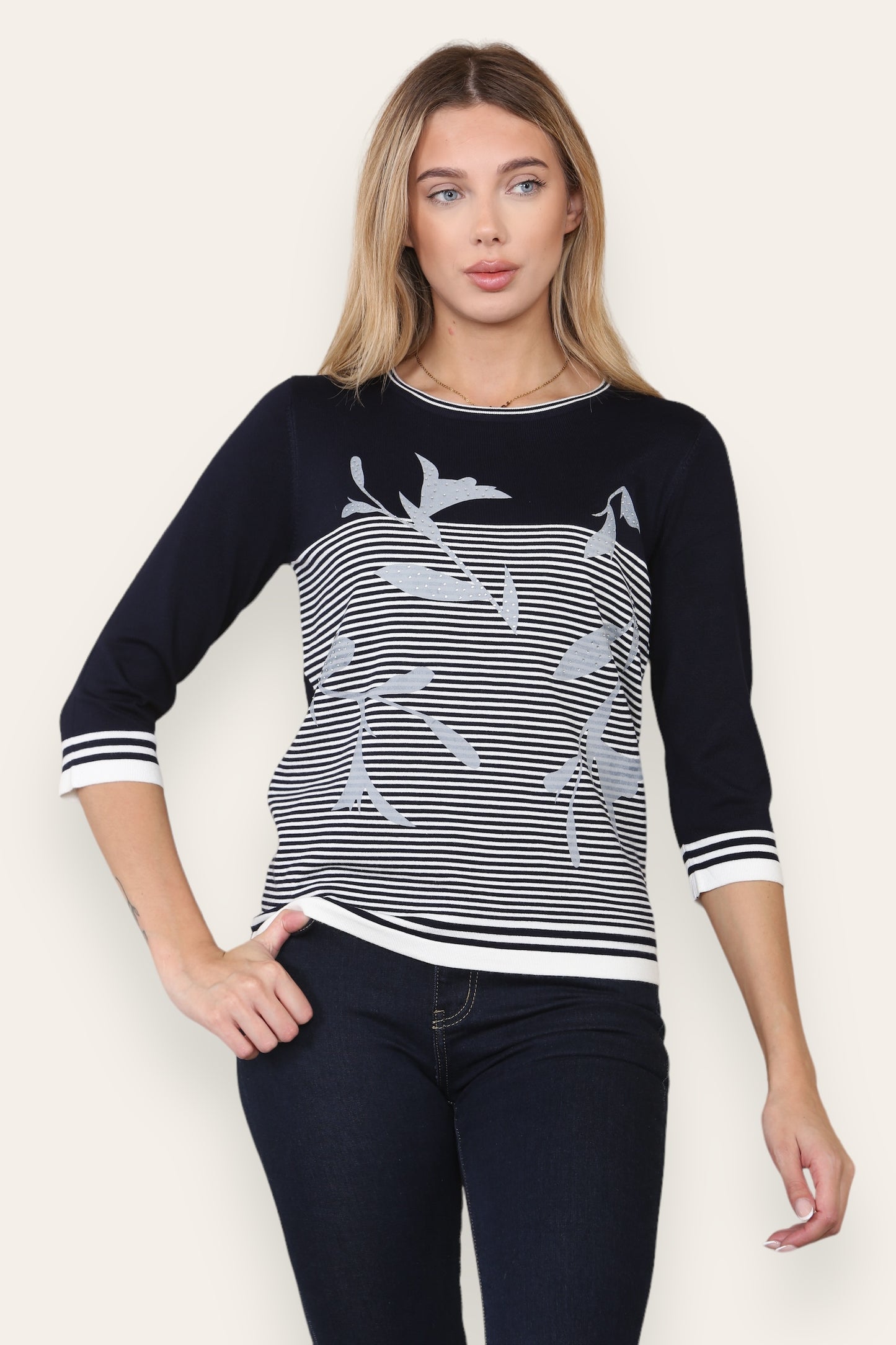 Striped Floral Print Crew Neck 3/4 Sleeve Top
