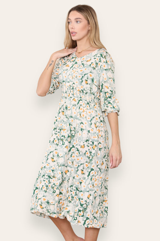 Yellow Floral Round Neck Dress