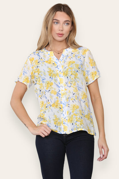 Linen Feel Yellow/Pink Floral Print Blouses