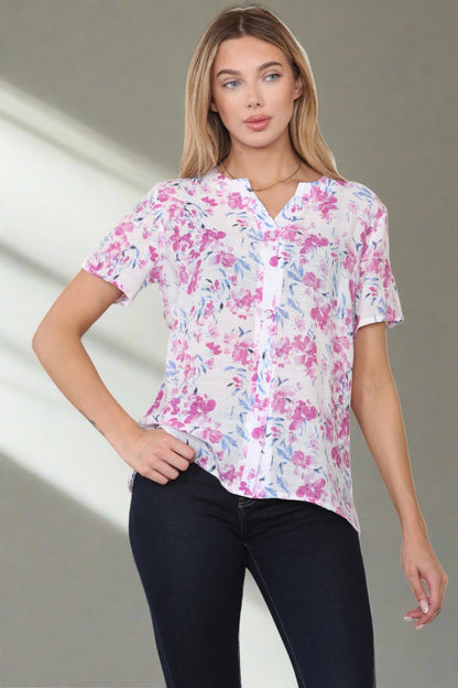 Linen Feel Yellow/Pink Floral Print Blouses