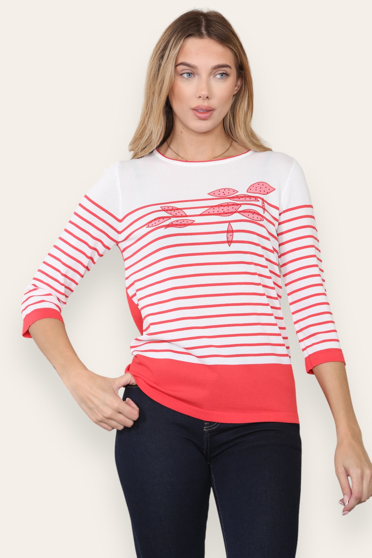 Striped Floral Print 3/4 Sleeve Top