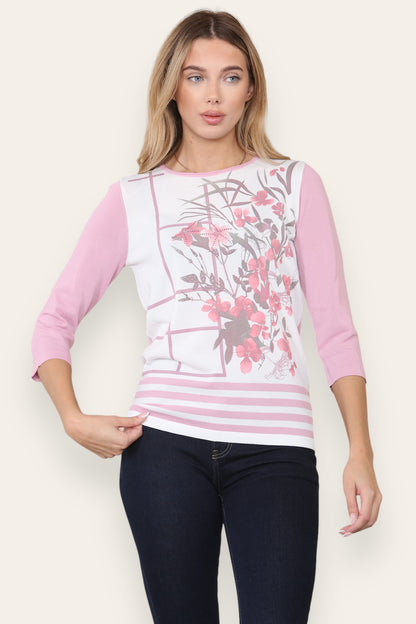 Floral Print Crew Neck 3/4 Sleeve Striped Top