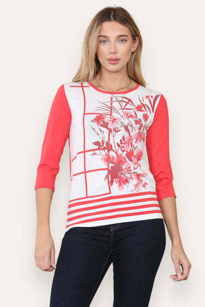 Floral Print Crew Neck 3/4 Sleeve Striped Top
